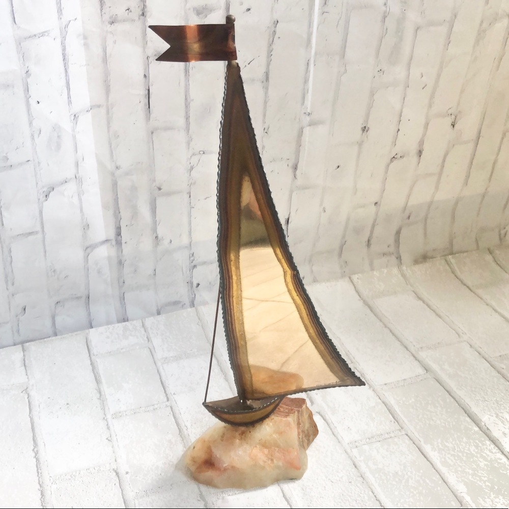 Vintage John DeMott Signed Brass Sailboat Sculpture MCM Onyx Base